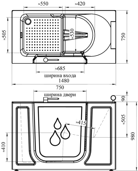 Ванна для инвалидов и пожилых с дверцей с сиденьем 1480х750х980 мм В ПОЛНОЙ КОМПЛЕКТАЦИИ, 21701 фото  в интернет-магазине Санкомп