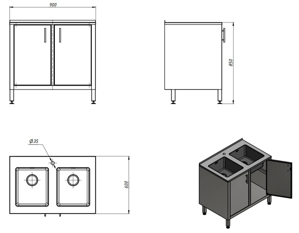 Стол медицинский с двойной мойкой габариты 900х600х850 мм фото  в интернет-магазине Санкомп