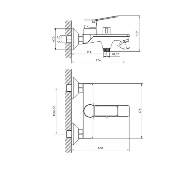 Смеситель для ванны настенный ОДНОРЫЧАЖНЫЙ, излив литой, длина излива 174 мм, лейка 1 режим, 26158 фото  в интернет-магазине Санкомп