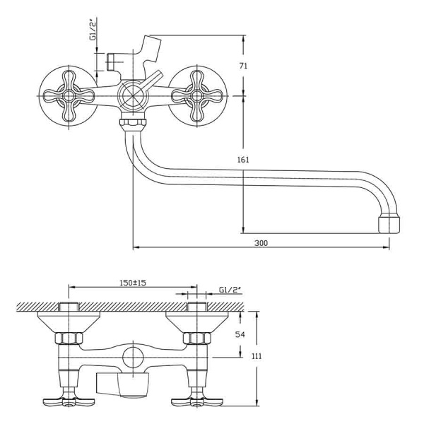 Смеситель для ванны настенный ДВУХВЕНТИЛЬНЫЙ керамика, излив  330 мм, лейка 1 режим, 25941 фото  в интернет-магазине Санкомп