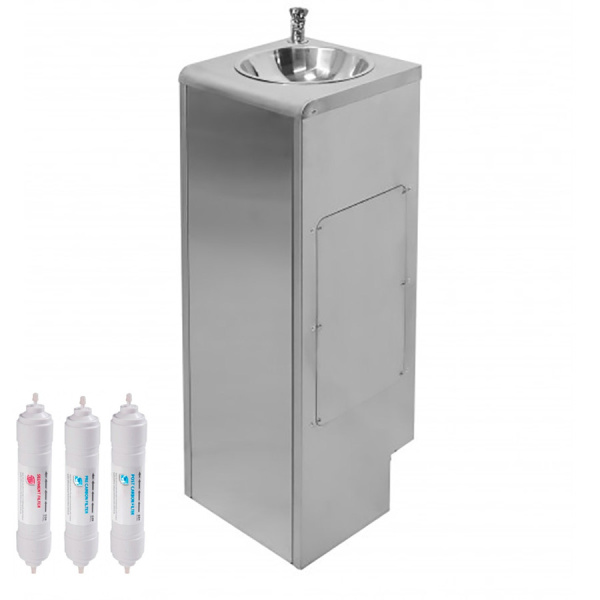 Фонтанчик питьевой кнопочный напольный 1 чаша Х/В, С/Ф, Б/УФ, Б/Г, Б/ТО, AISI 304, 300х300х860 26565 фото  в интернет-магазине Санкомп