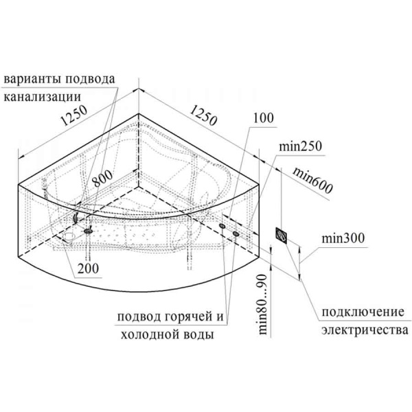 Ванна акриловая угловая 1250х1250х700 мм, 21905 фото  в интернет-магазине Санкомп