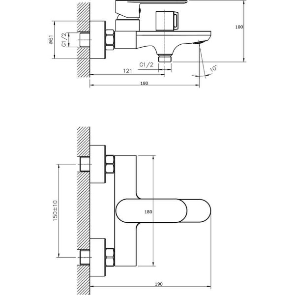 Смеситель для ванны настенный ОДНОРЫЧАЖНЫЙ, излив литой, длина излива 180 мм, лейка 1 режим, 25946 фото  в интернет-магазине Санкомп