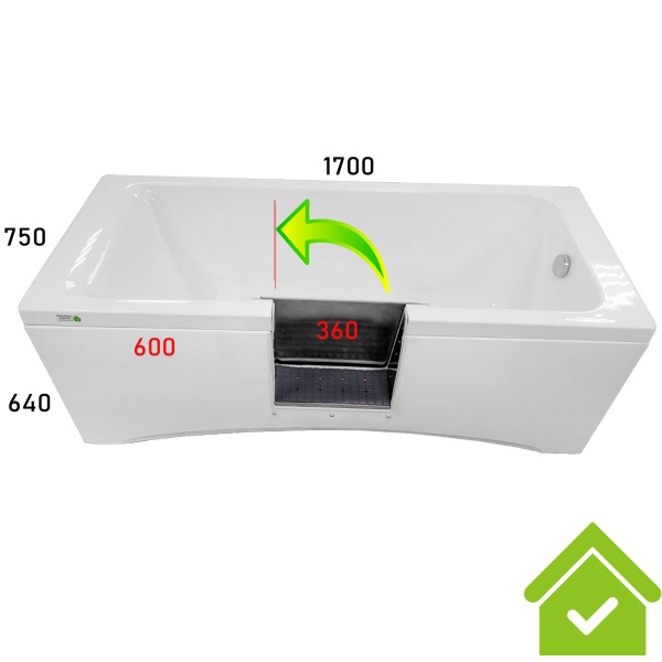 Ванна с дверцей из СТЕКЛА 1700х750х640 мм СЛИВ СПРАВА СЛЕВА 600 мм от края ОТКРЫТИЕ НАЛЕВО, 23981 фото  в интернет-магазине Санкомп