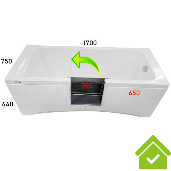 Ванна с дверцей 1700х750х640мм СЛИВ СПРАВА ДВЕРЦА Стекло СПРАВА 650 мм от края ОТКРЫТИЕ НАЛЕВО 23984 фото  в интернет-магазине Санкомп