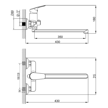 Смеситель для ванны настенный ОДНОРЫЧАЖНЫЙ, излив поворотный 35 см, режим лейка, 22264 фото  в интернет-магазине Санкомп