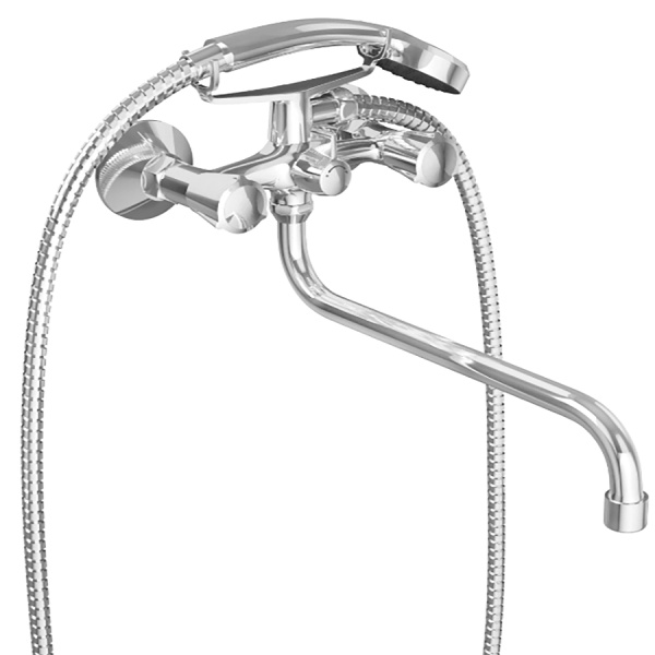 Смеситель для ванны настенный ДВУХВЕНТИЛЬНЫЙ, излив длинный 285 мм, лейка 1 режим, 26088 фото  в интернет-магазине Санкомп