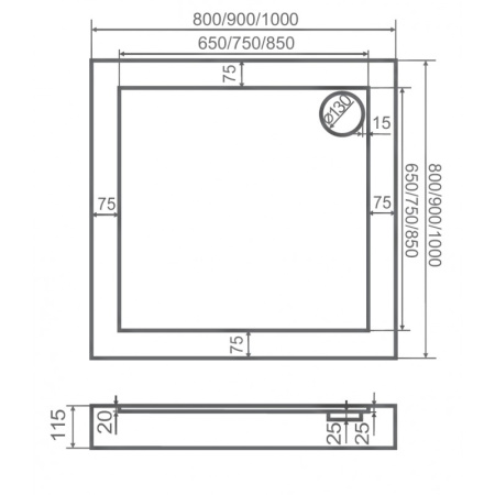 Поддон акриловый квадратный 800х800х115(20) мм, Ø 85 мм с экраном и ножками 20898  фото  в интернет-магазине Санкомп