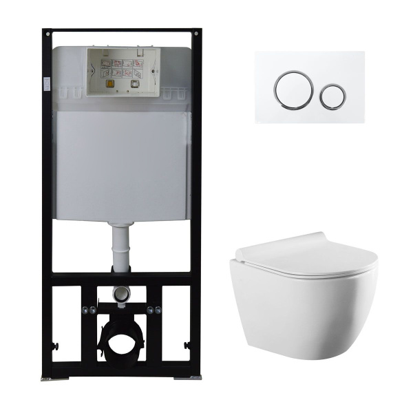 Унитаз подвесной БЕЗОБОДКОВЫЙ с быстросъемным сиденьем микролифт, инсталляция с кнопкой 22457  фото  в интернет-магазине Санкомп