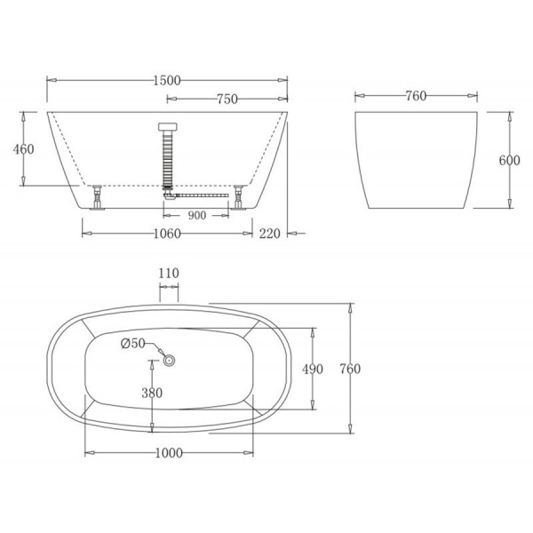 Ванна акриловая отдельностоящая овальная 1500х760 мм, 21804 фото  в интернет-магазине Санкомп