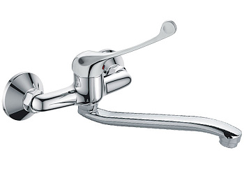 Смеситель ЛОКТЕВОЙ (ХИРУРГИЧЕСКИЙ) настенный, (К35), с поворотным плоским S-образным изливом 20 см фото в интернет-магазине СанКомп www.sancomp.ru