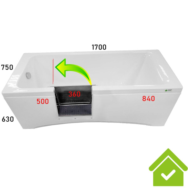 Ванна с дверцей 1700х750х640 мм СЛИВ СЛЕВА, ДВЕРЦА СЛЕВА 500 мм от края, ОТКРЫТИЕ НАЛЕВО, 23980 фото  в интернет-магазине Санкомп