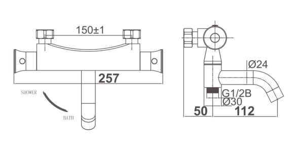 Смеситель для ванны и душа настенный ТЕРМОСТАТИЧЕСКИЙ поворотный излив, 25070 фото  в интернет-магазине Санкомп