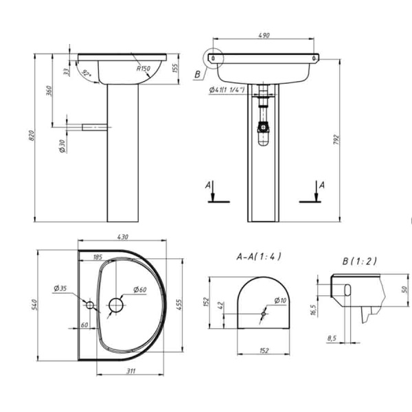 Раковина на пьедестале антивандальная из нержавеющей стали ПОЛУКРУГЛАЯ С/О, Б/П 430х540х830  фото  в интернет-магазине Санкомп