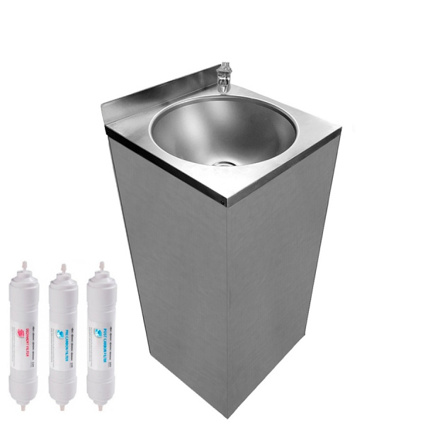 Фонтанчик питьевой кнопочный напольный 1 чаша Х/В, С/Ф, Б/УФ, Б/Г, Б/ТО, AISI 304, 400х400х870 27058 фото  в интернет-магазине Санкомп