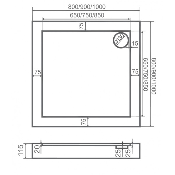 Поддон акриловый квадратный 900х900х115(20) мм, Ø 85 мм с экраном и ножками 20899 фото  в интернет-магазине Санкомп